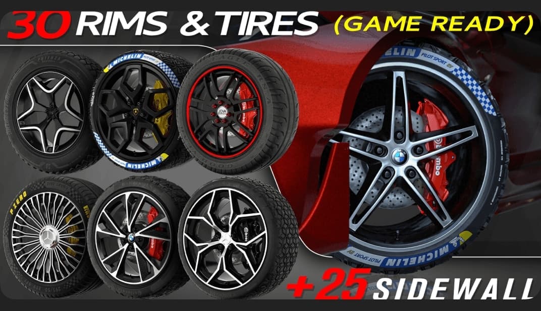 30 Rims And Tires (Game Ready) + 2 For Free – Blender Download | Madbax