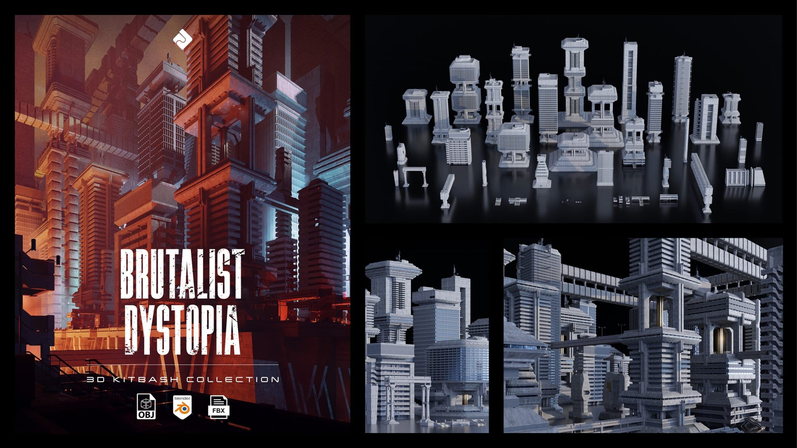 Brutalist Dystopia – Urban Buildings, Structures & Modular Environment Assets 3D Kitbash Pack – Blender Download | Madbax