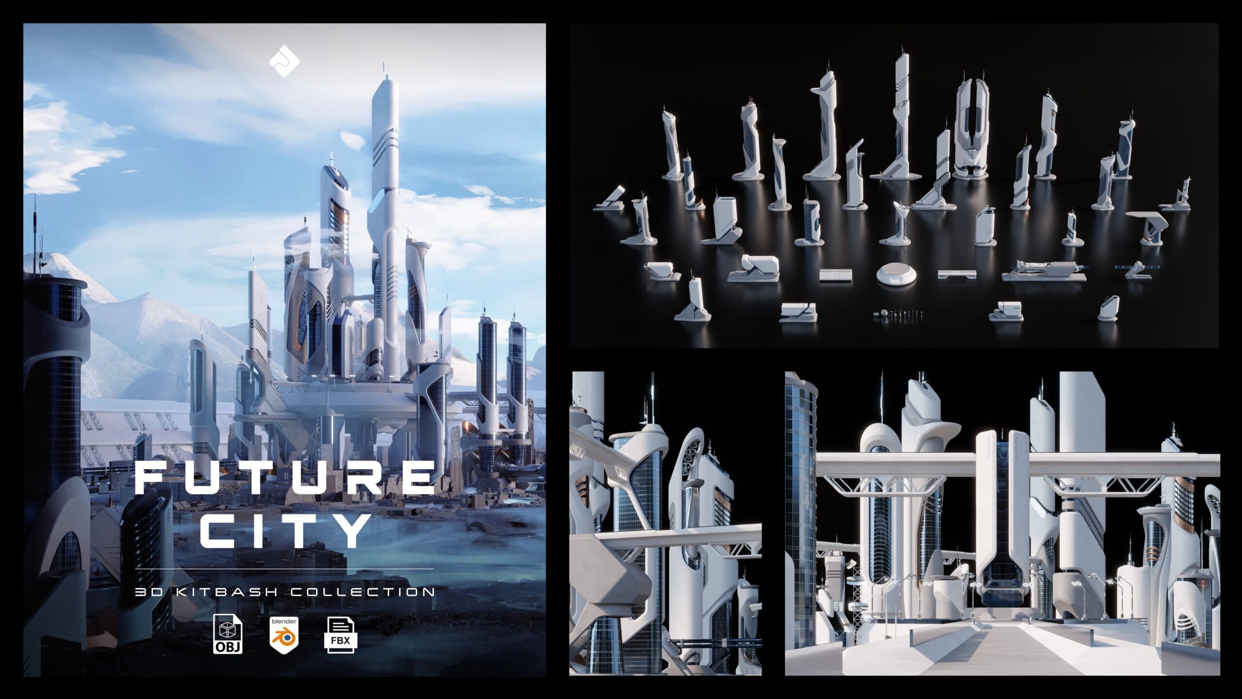 Future City – Futuristic Buildings & Environment Assets 3D Kitbash Pack – Blender Download | Madbax