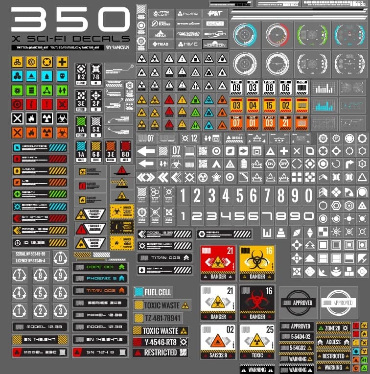 350 Sci-Fi Decal Pack (Decal Machine Ready) – Blender Download | Madbax