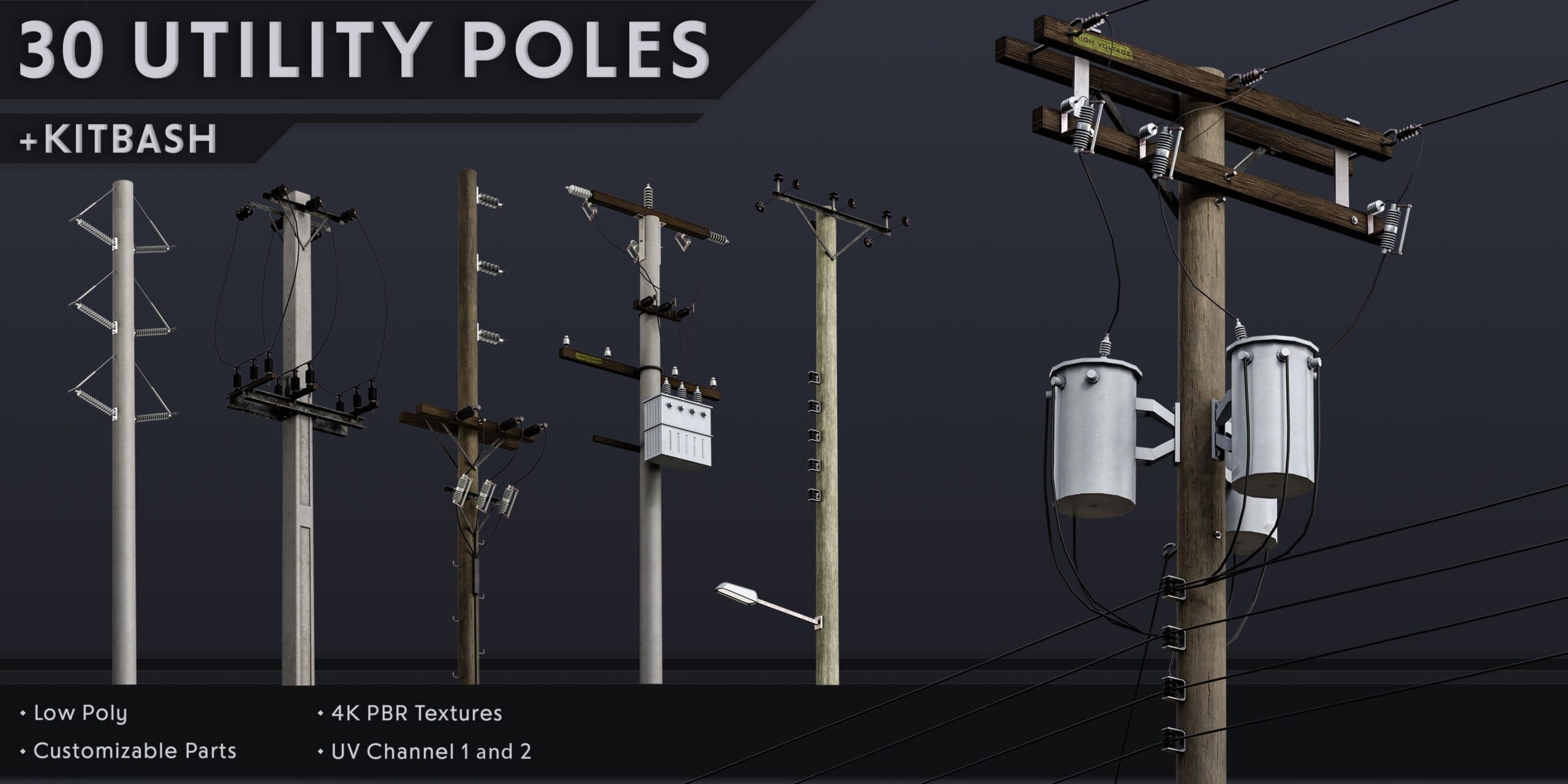 30 Low Poly Utility Poles + Kitbash – Blender Download | Madbax