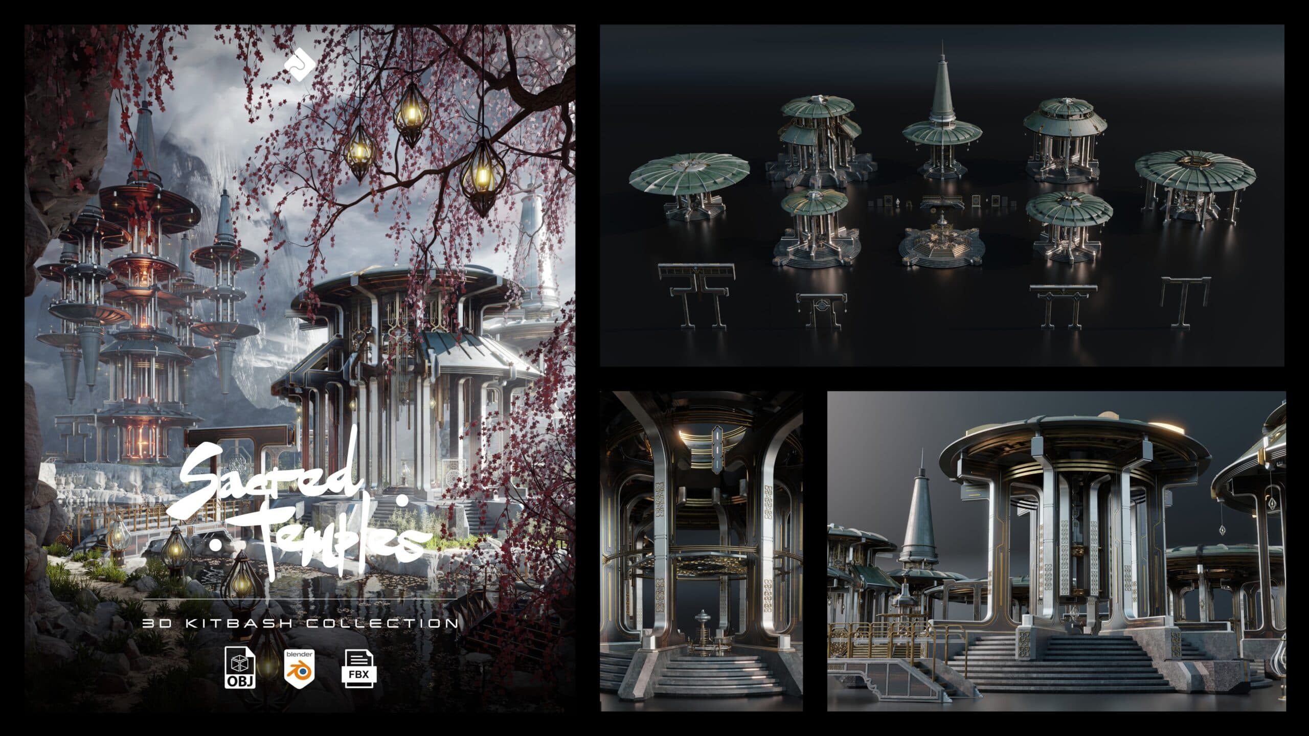 Sacred Temples – Asian Styled Buildings & Environment Assets 3D Kitbash Pack – Blender Download | Madbax
